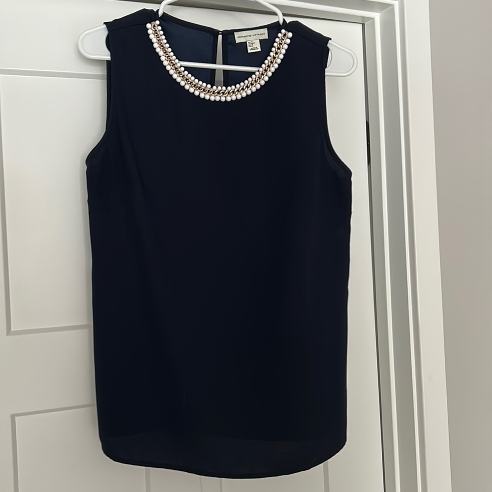 Adrienne Vittadini Navy sleeveless blouse with gold and white beading